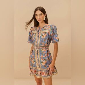 FARM Rio Blue Superbloom Tapestry Organic Cotton Mini Dress
